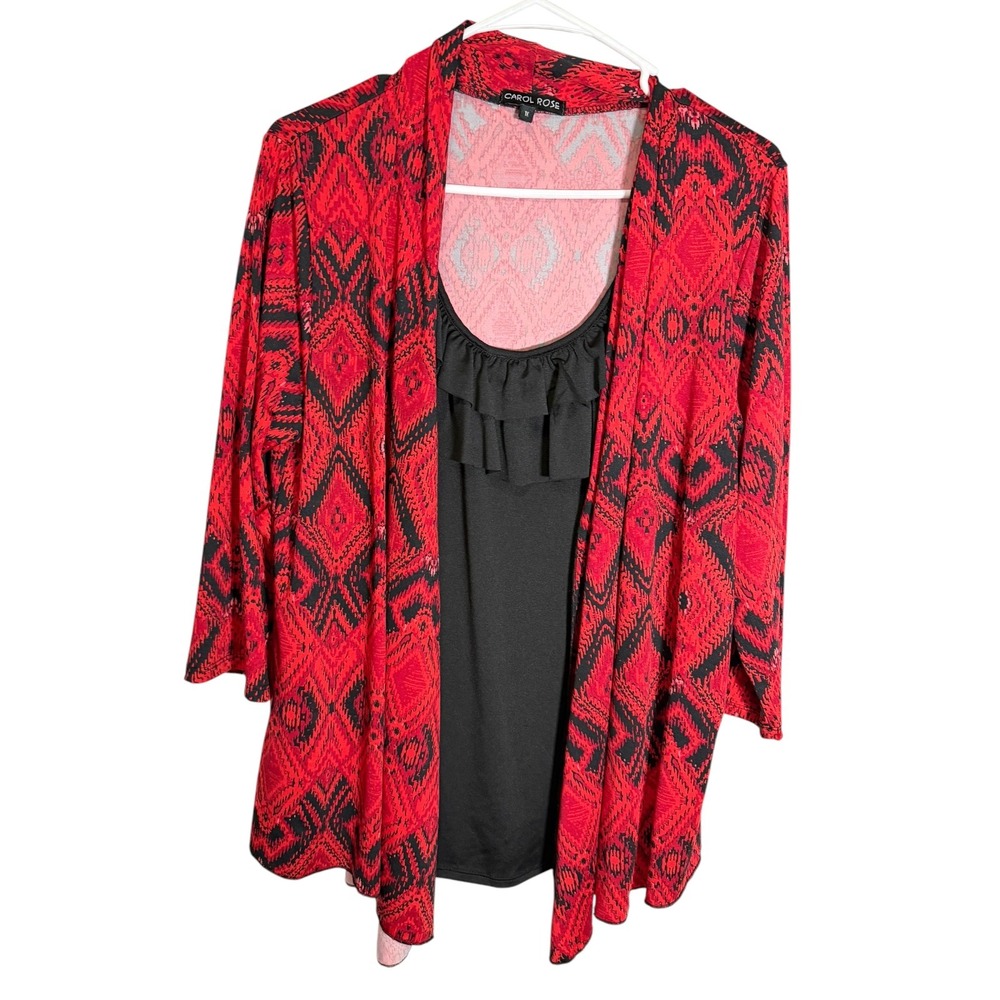 Carol Rose 1X Red Black Cardigan Set Geometric Ruffle Cami Boho Southwest